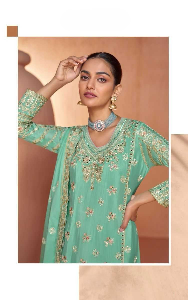 Mint Green Designer Chinon Kurti with Palazzo & Dupatta – Festive & Wedding Wear Set