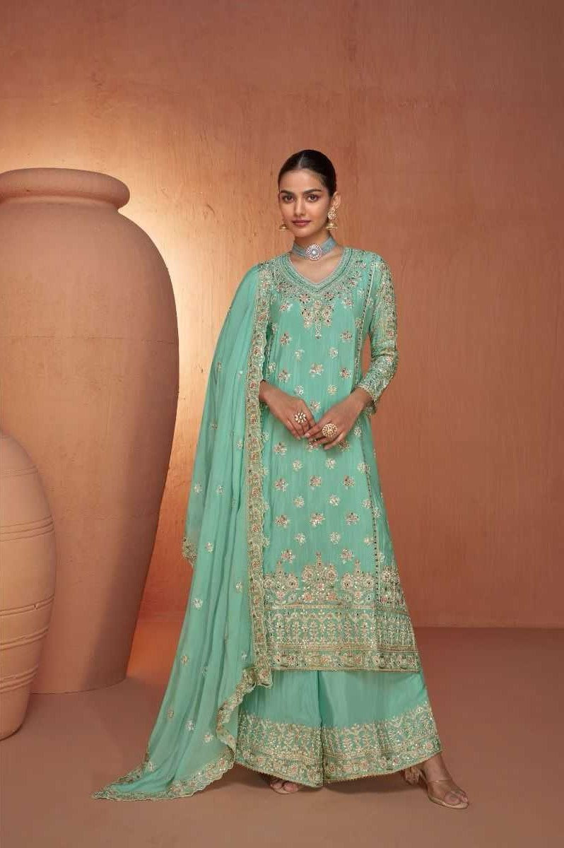 Mint Green Designer Chinon Kurti with Palazzo & Dupatta – Festive & Wedding Wear Set