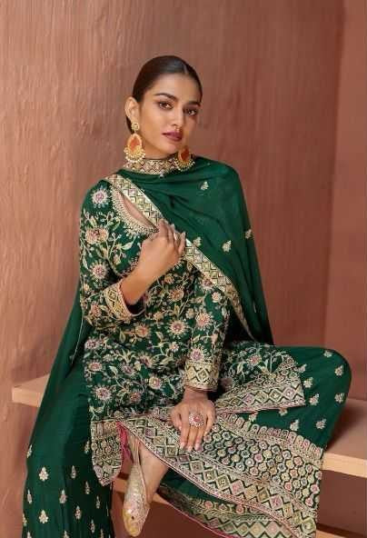 Emerald Green Designer Chinon Kurti with Palazzo & Dupatta – Festive & Wedding Wear Set