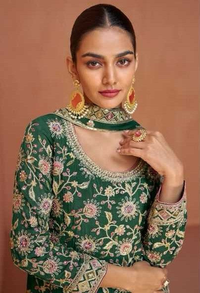 Emerald Green Designer Chinon Kurti with Palazzo & Dupatta – Festive & Wedding Wear Set