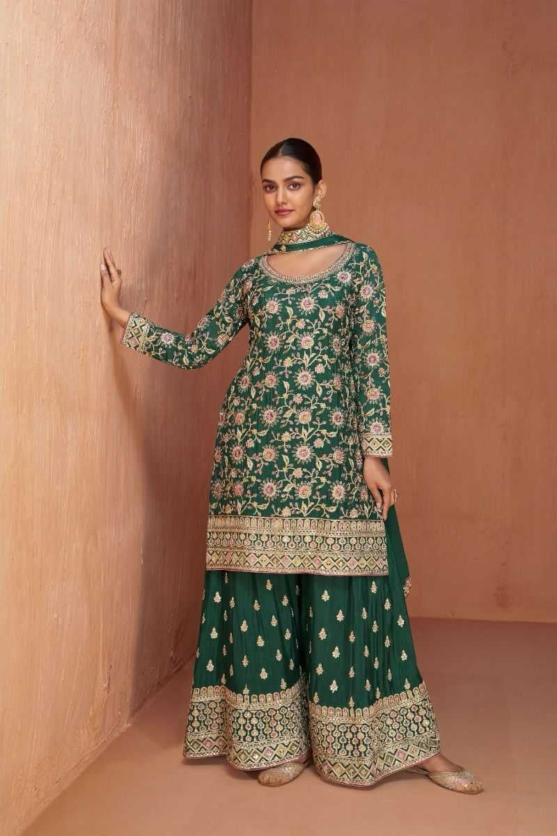 Emerald Green Designer Chinon Kurti with Palazzo & Dupatta – Festive & Wedding Wear Set