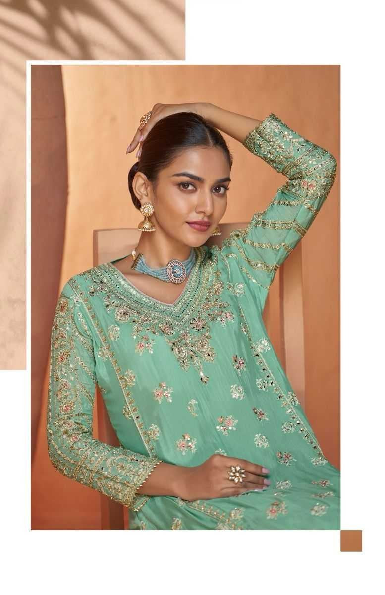 Mint Green Designer Chinon Kurti with Palazzo & Dupatta – Festive & Wedding Wear Set