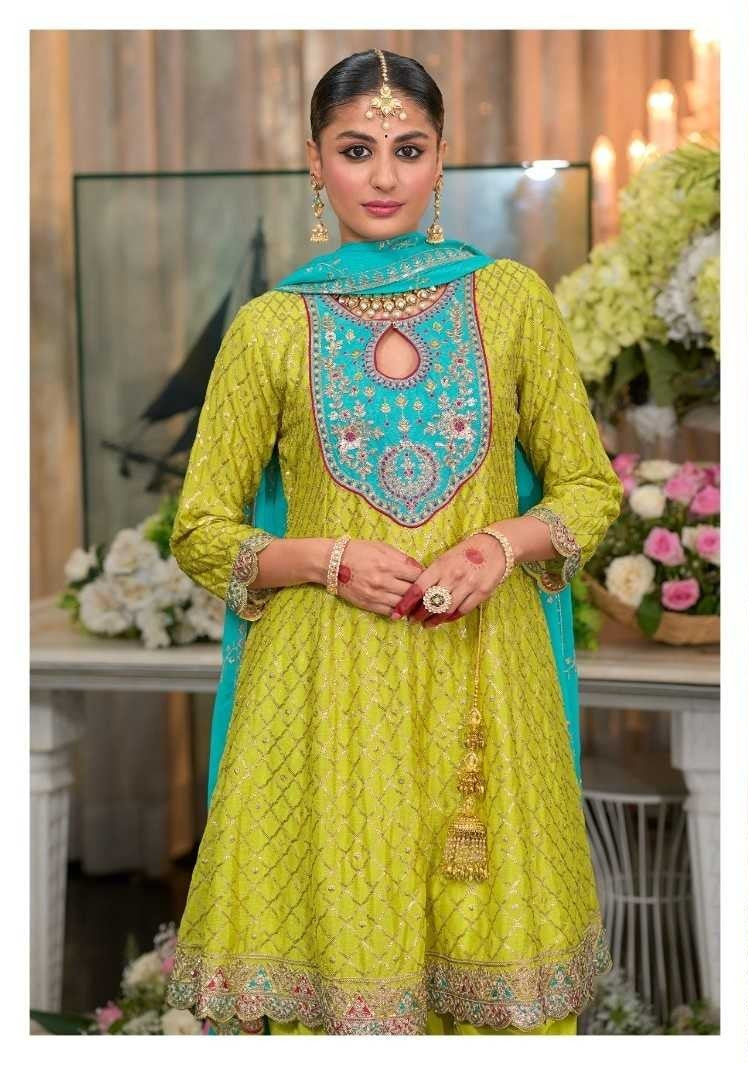 Lime Green-Turquoise Chinon Dhoti Style Suit