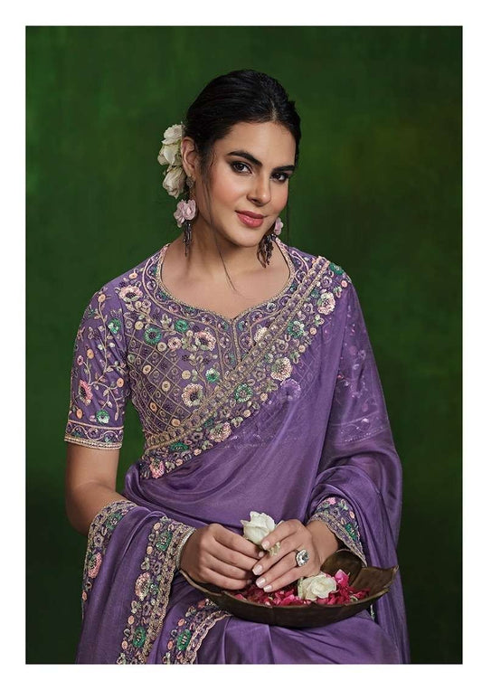 Lavender Luxe Embroidered Silk Saree with Ready made Blouse