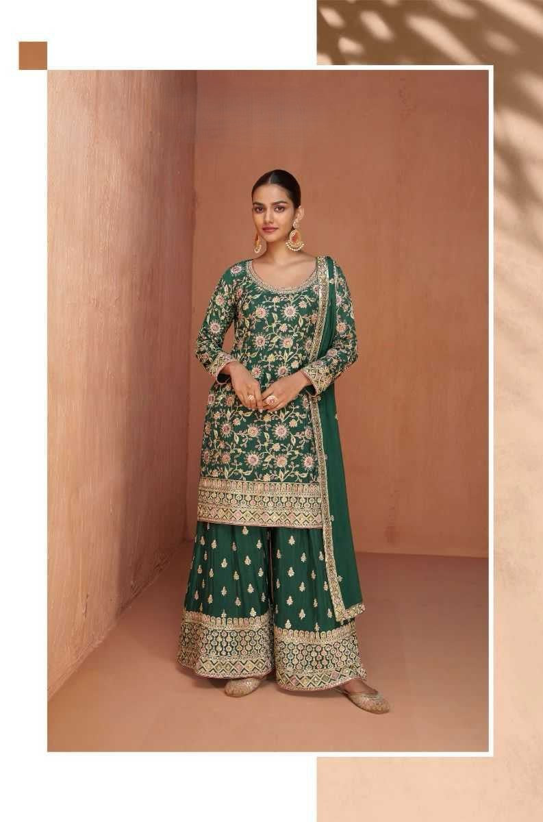 Emerald Green Designer Chinon Kurti with Palazzo & Dupatta – Festive & Wedding Wear Set
