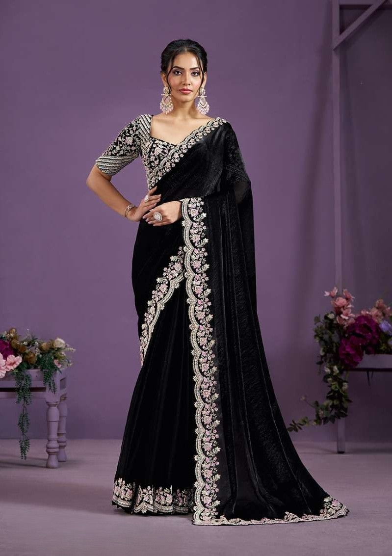 Black & Blush Pink Designer Embroidered Silk Saree