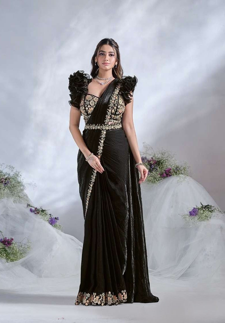 Black Embroidered Designer Ready-to-Wear Saree with Ruffled Sleeves Blouse