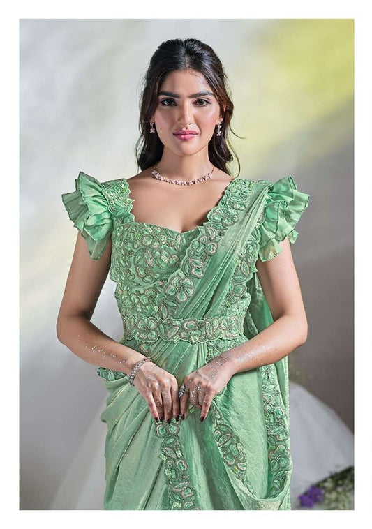 Pastel Green Heavy Embroidered Designer Ready-to-Wear Saree