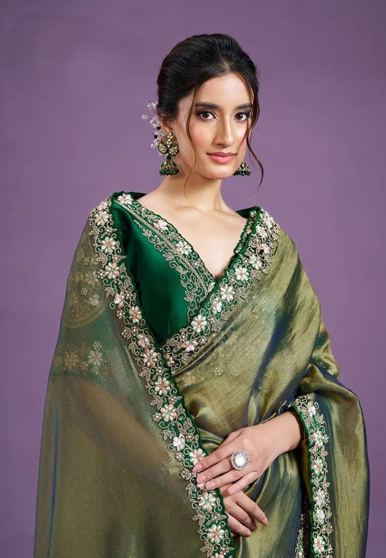 Olive Green Designer Heavy Embroidered Saree