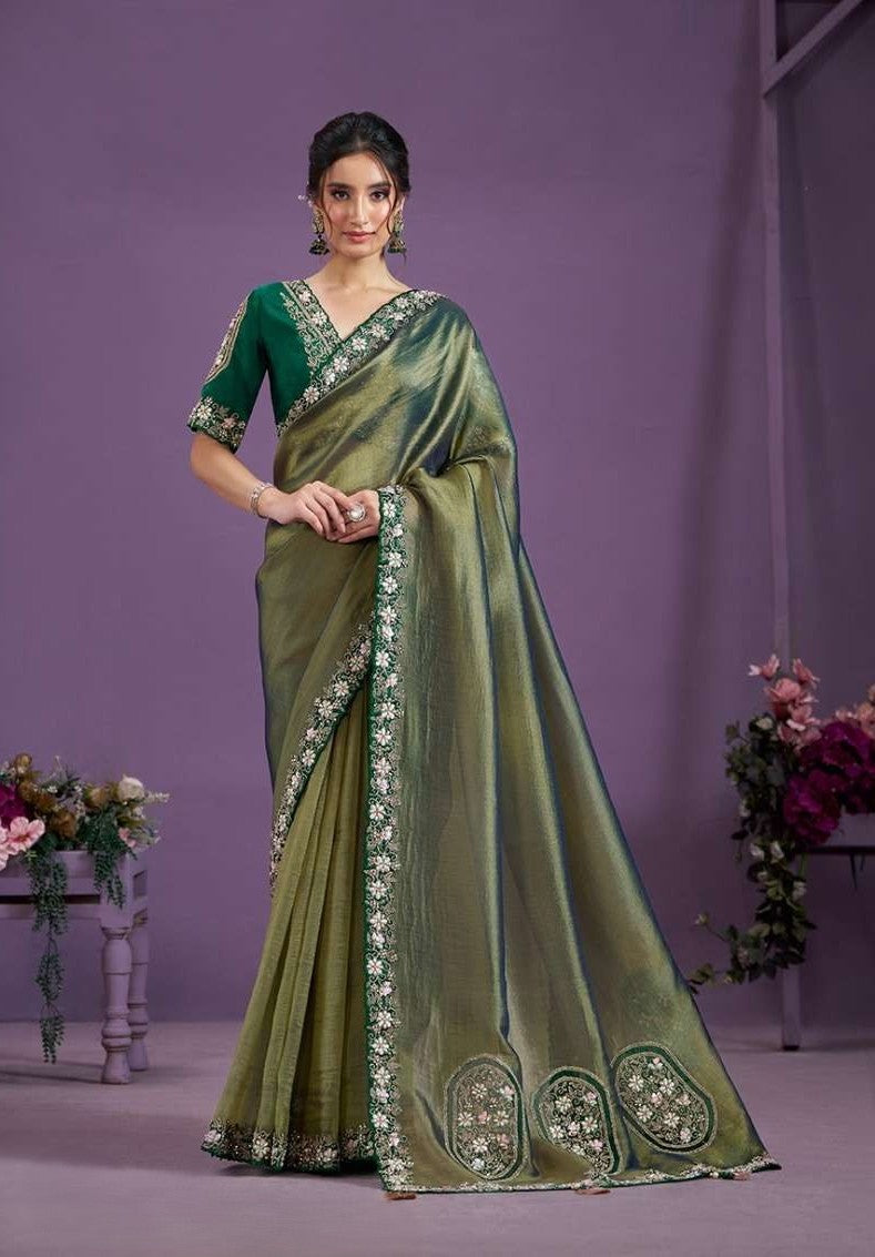 Olive Green Designer Heavy Embroidered Saree