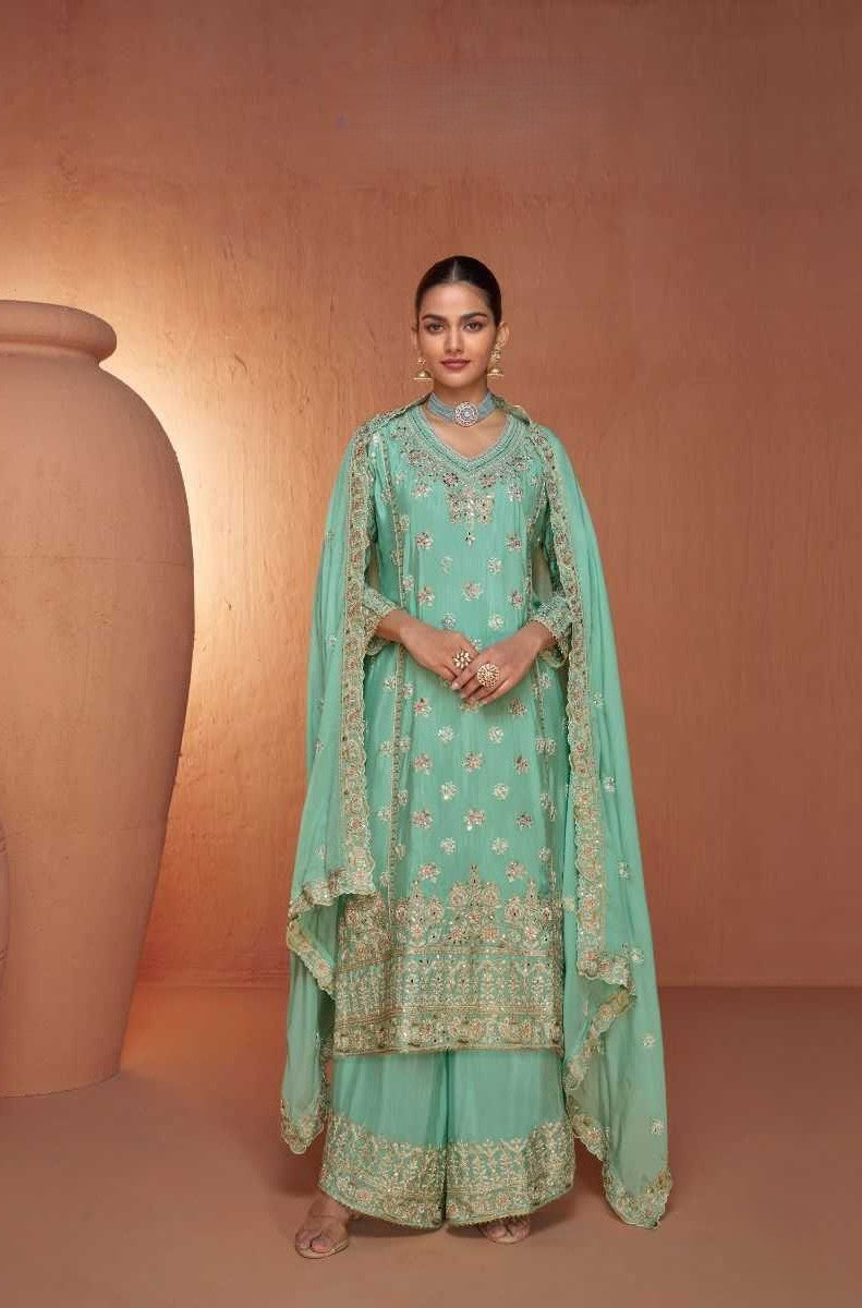 Mint Green Designer Chinon Kurti with Palazzo & Dupatta – Festive & Wedding Wear Set