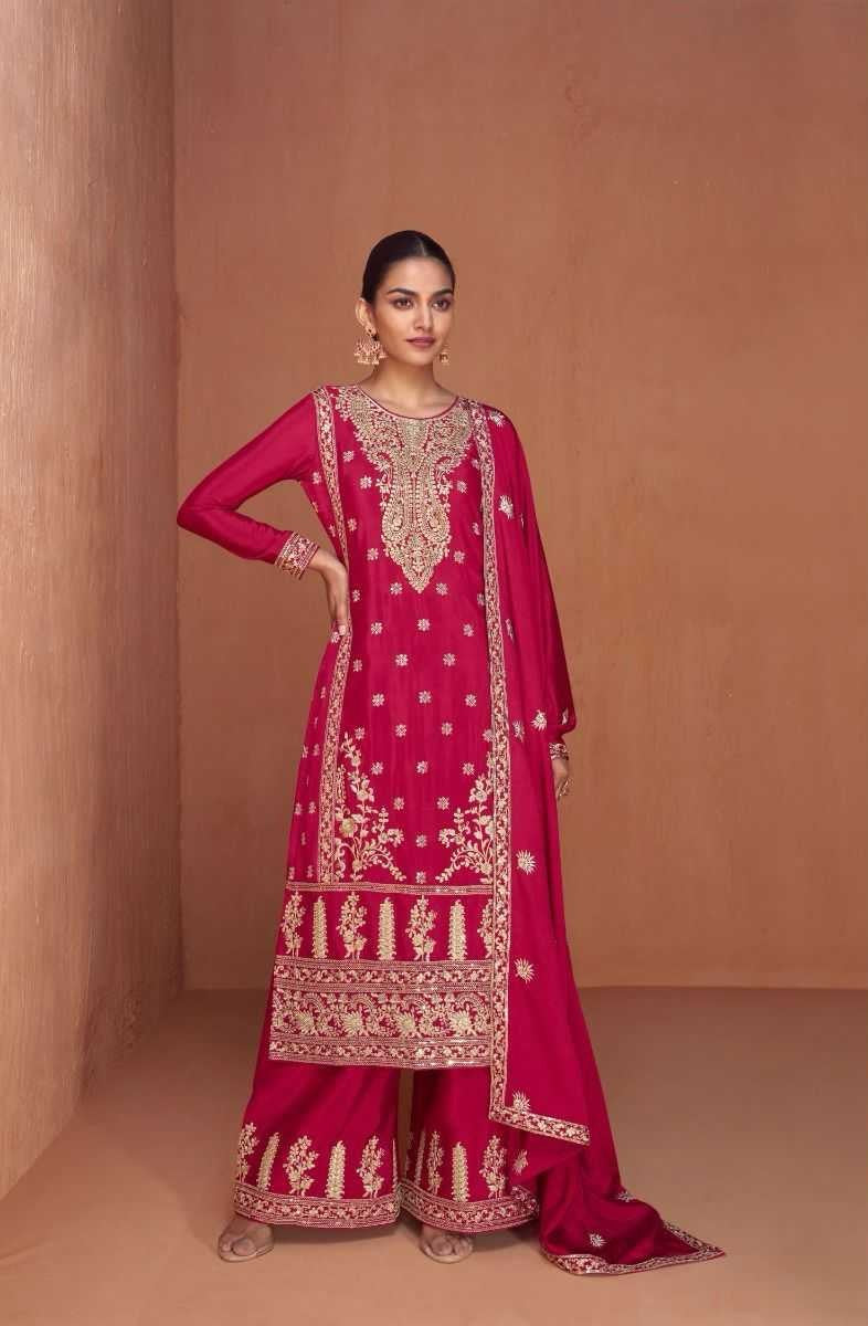 Royal Pink Designer Chinon Kurti with Palazzo & Dupatta – Festive & Wedding Wear Set