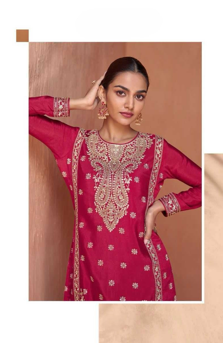 Royal Pink Designer Chinon Kurti with Palazzo & Dupatta – Festive & Wedding Wear Set