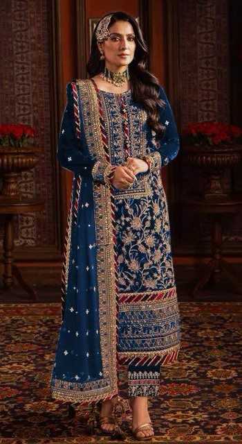Royal Navy Blue Velvet Embroidered Readymade Suit