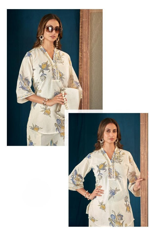 Elegant Floral Print Embroidered Pure Cotton Top With Palazzos Co-Ord Set