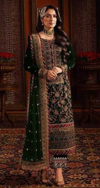 Deep Emerald Green Velvet Embroidered Readymade Suit