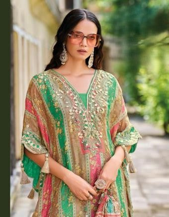 Elegant Multicolor Kaftan Style Embroidered Suit Set - Green