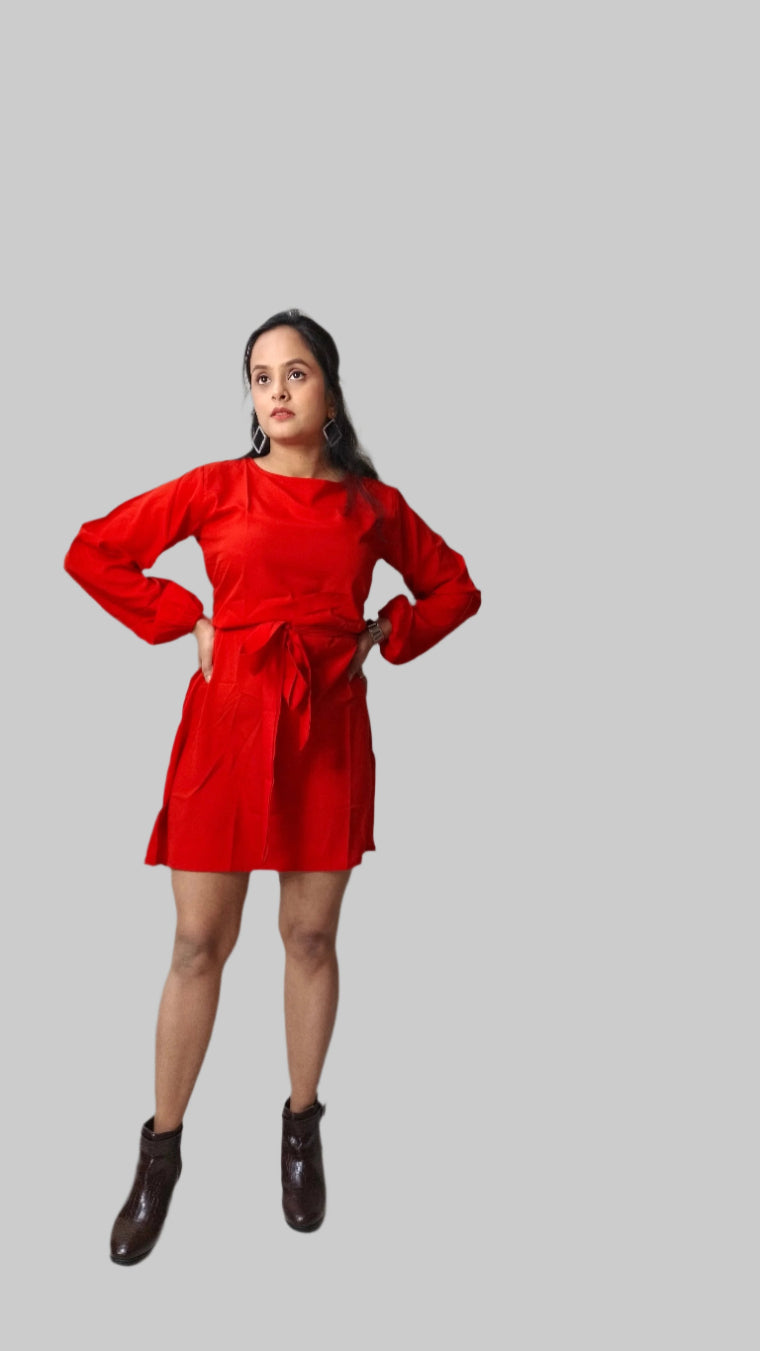 Crepe A-Line Mini Dress with Belted Knot & Bishop Sleeves