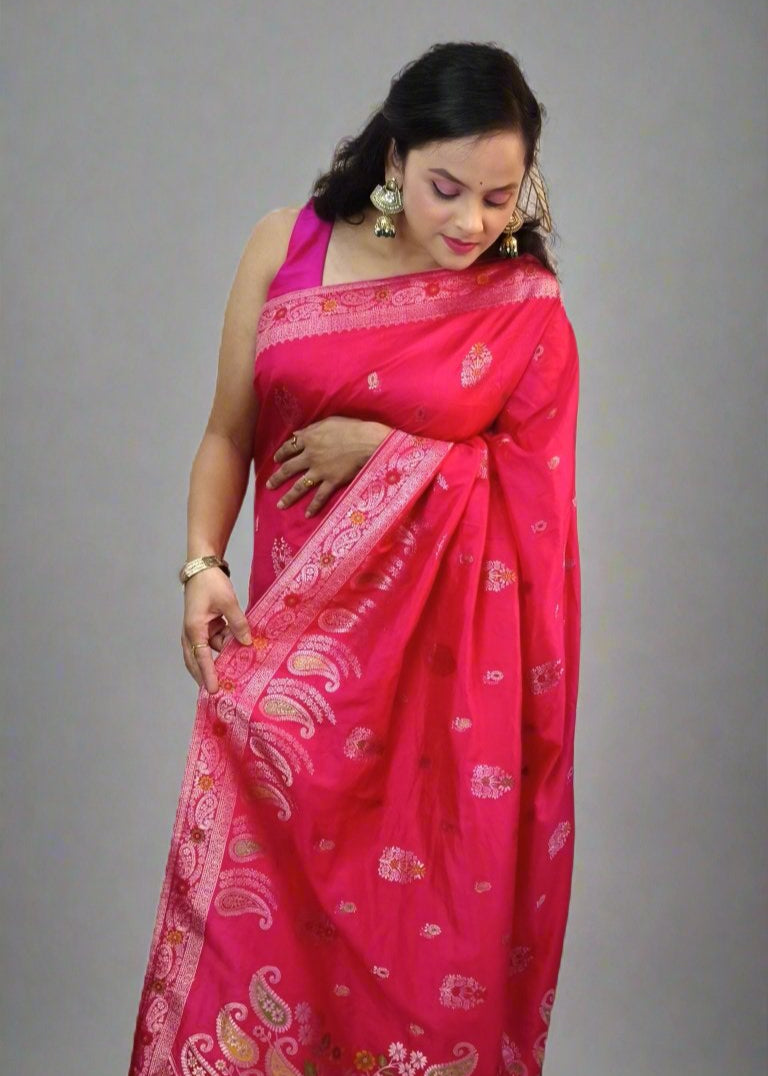 Rani Pink Soft Silk Saree with Full Zari Work