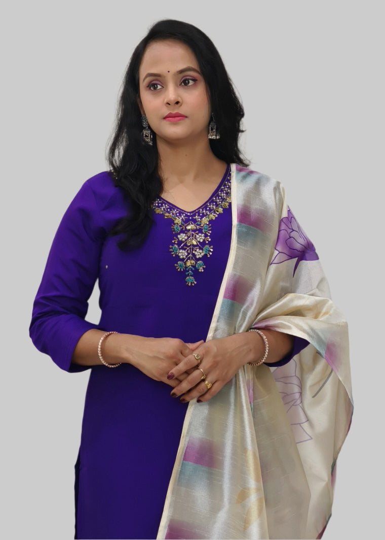 Purple Embroidered Salwar Kameez with Printed Silk Dupatta