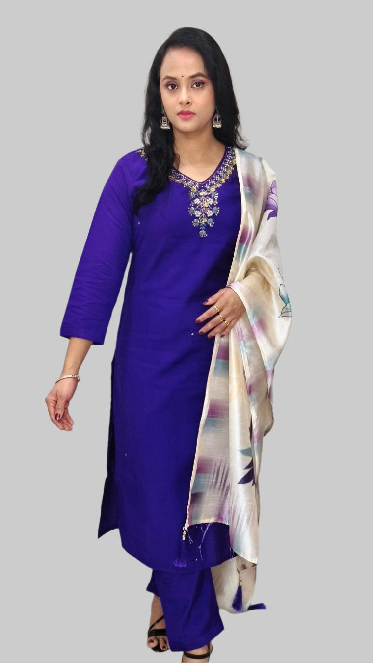 Purple Embroidered Salwar Kameez with Printed Silk Dupatta