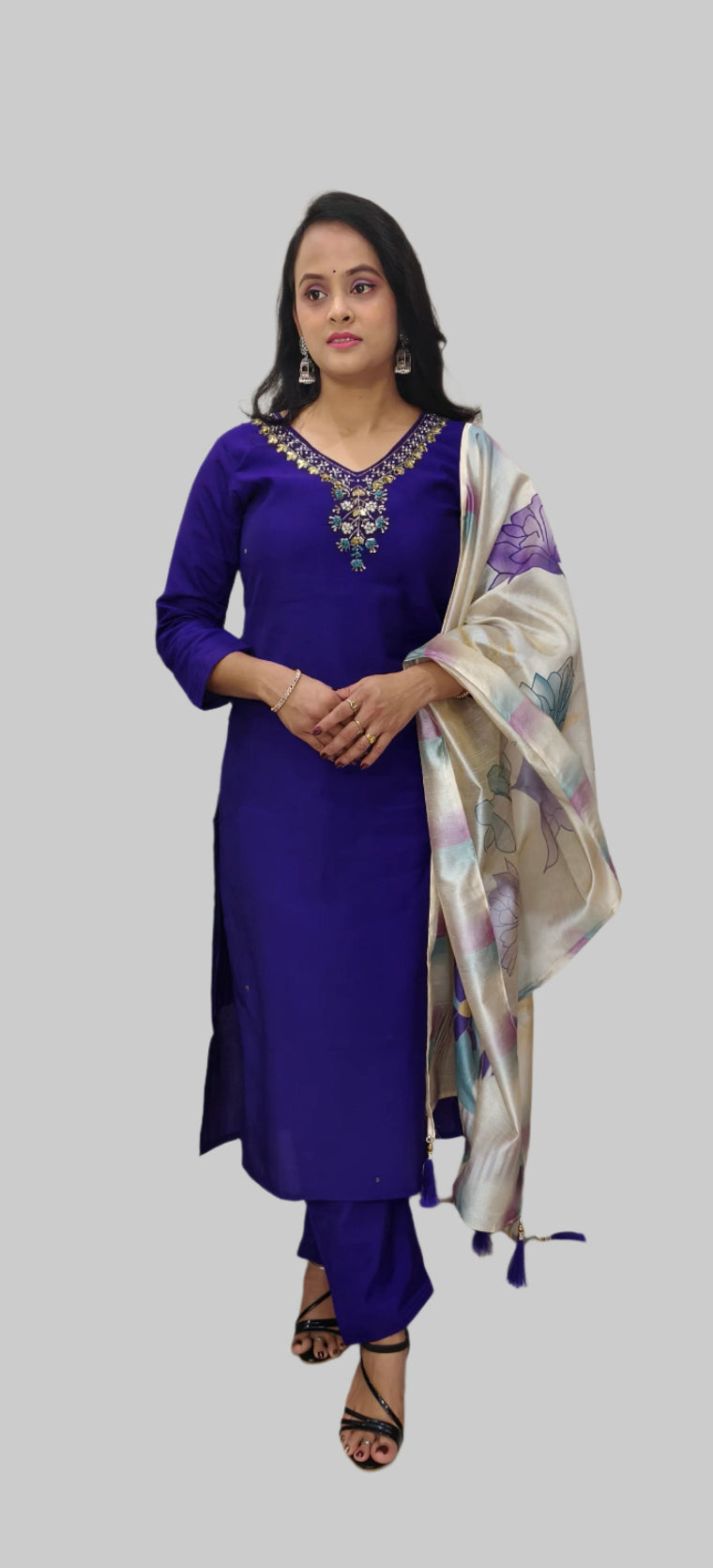 Purple Embroidered Salwar Kameez with Printed Silk Dupatta