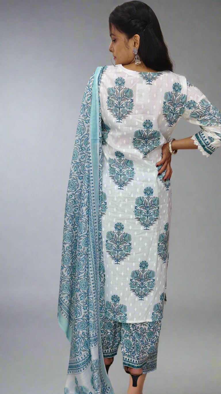 White Viscose Block Printed Kurta Pant Set with Chanderi Cotton Dupatta