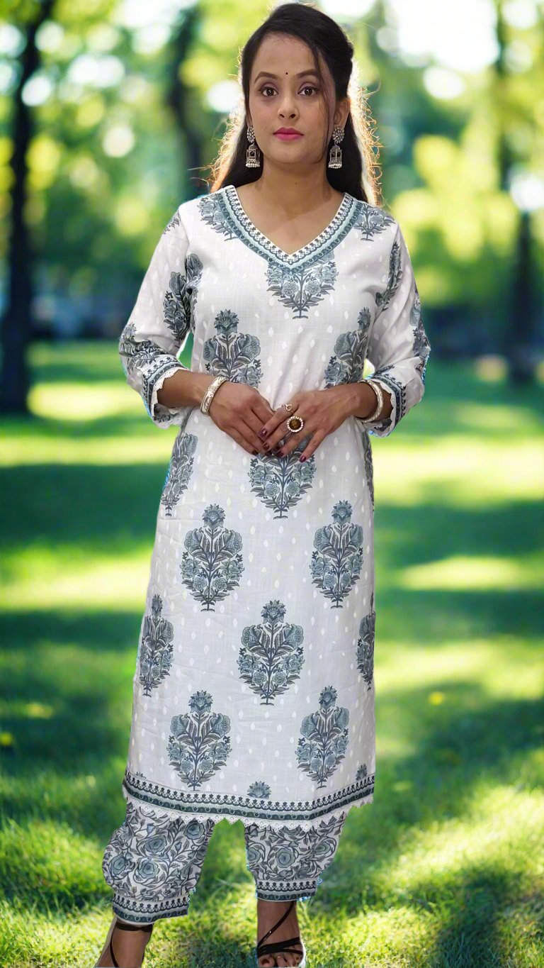 White Viscose Block Printed Kurta Pant Set with Chanderi Cotton Dupatta