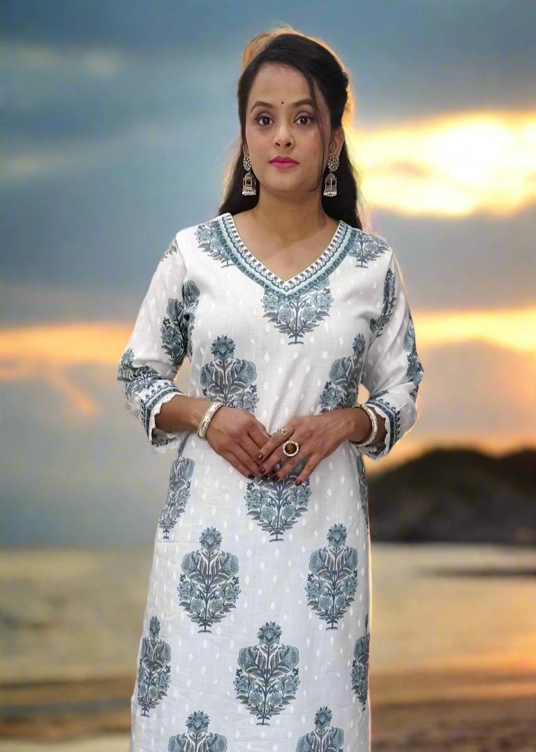 White Viscose Block Printed Kurta Pant Set with Chanderi Cotton Dupatta