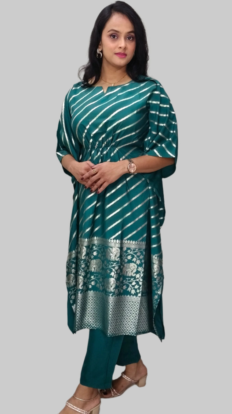 Turqoise Poly Crepe Kaftan Kurta with Pant