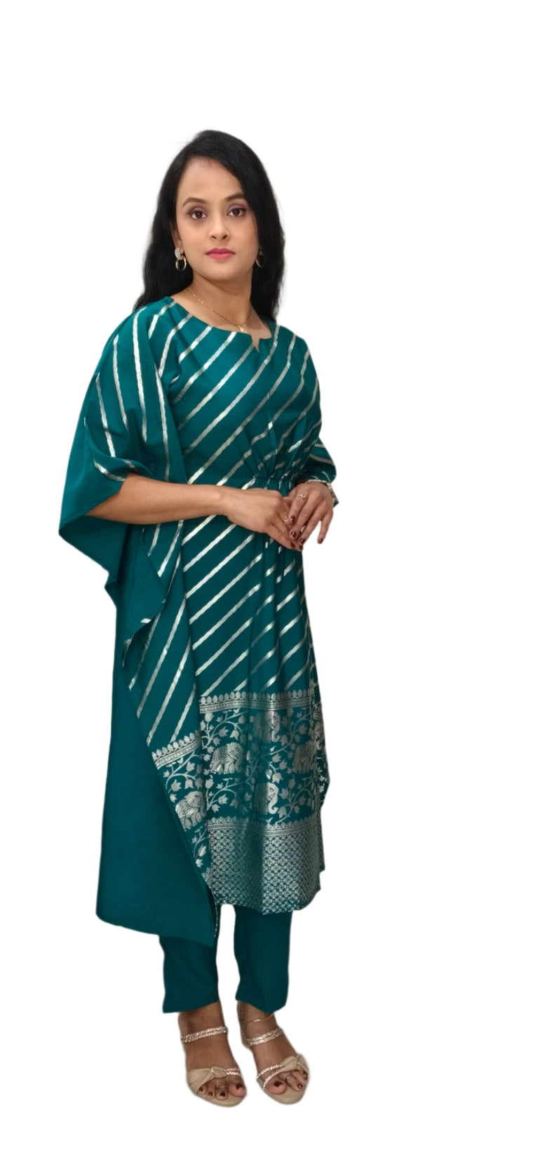 Turqoise Poly Crepe Kaftan Kurta with Pant