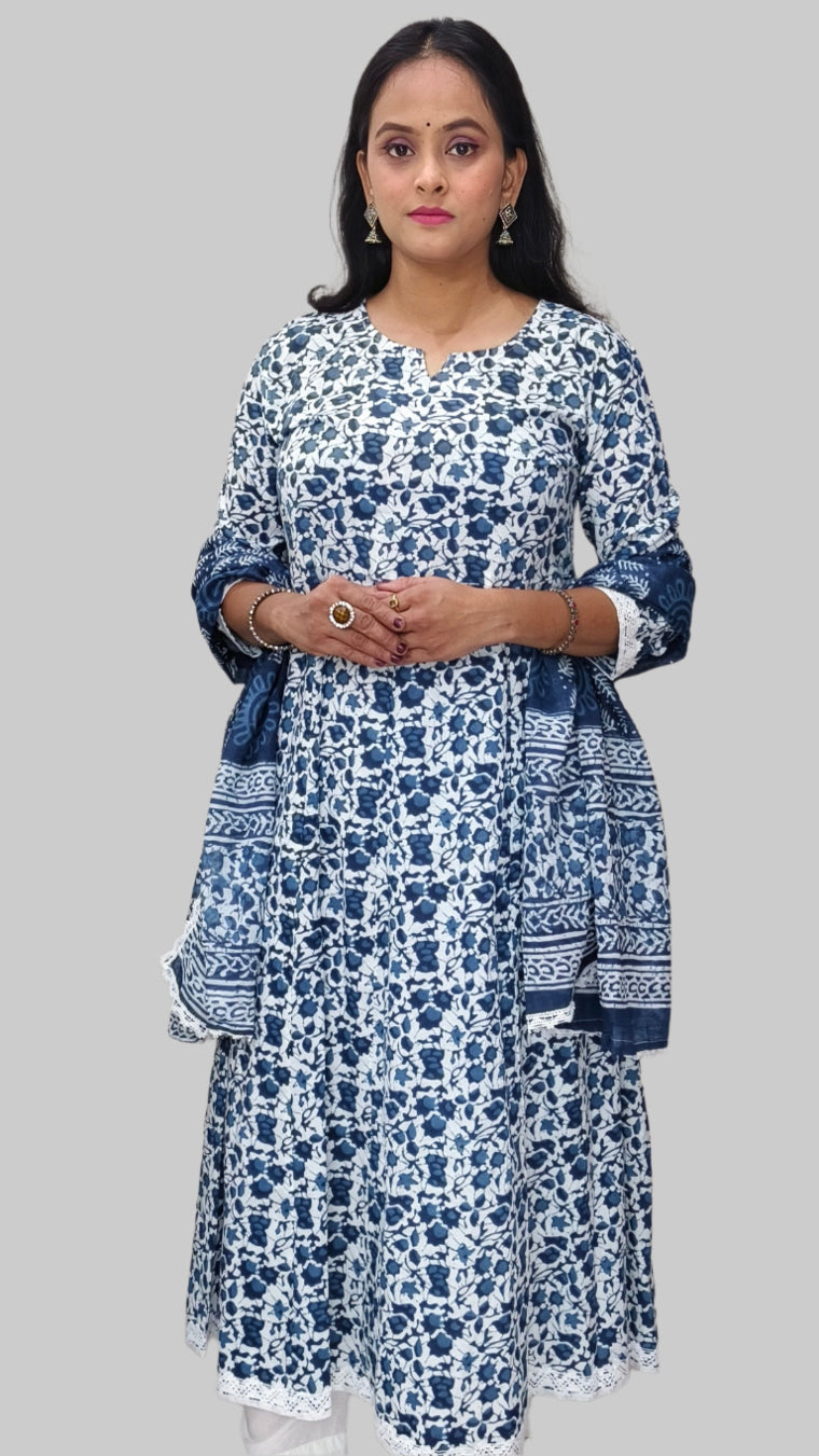 Cotton Kurta, Palazzo & Mulmul Dupatta Set