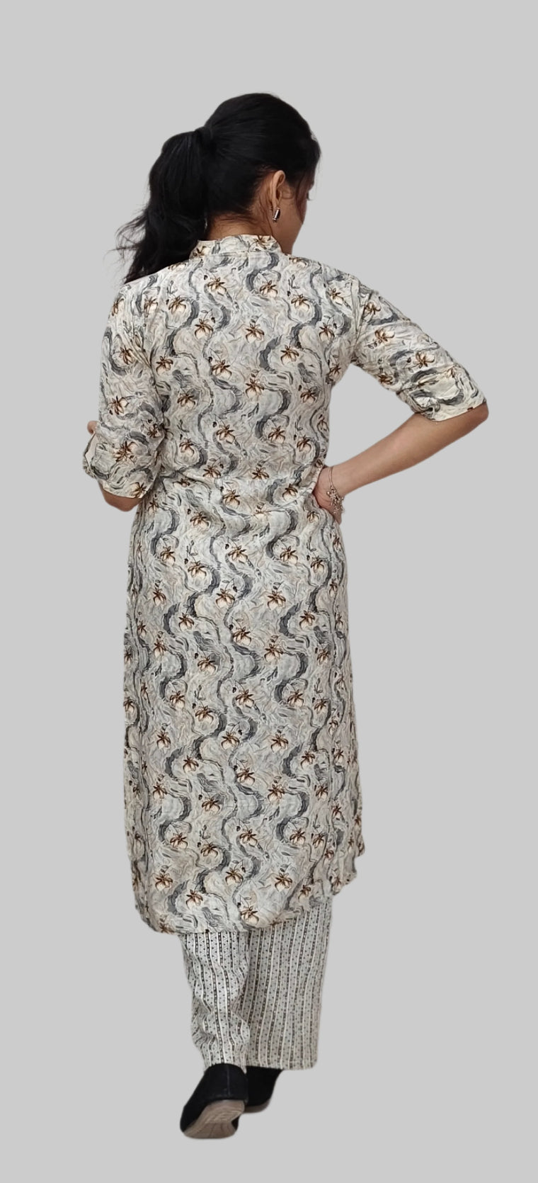 Cream-Grey Co-Ord Set with Abstract Prints, Mandarin Collar & Wide Pants
