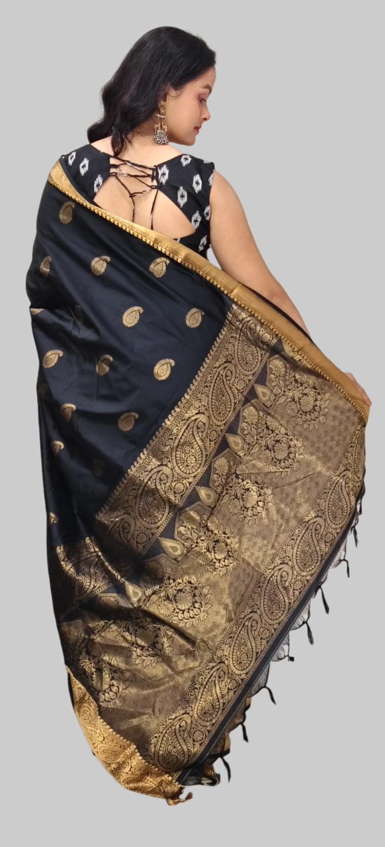 Black with Gold Print Silk Saree with Intricate Zari Work
