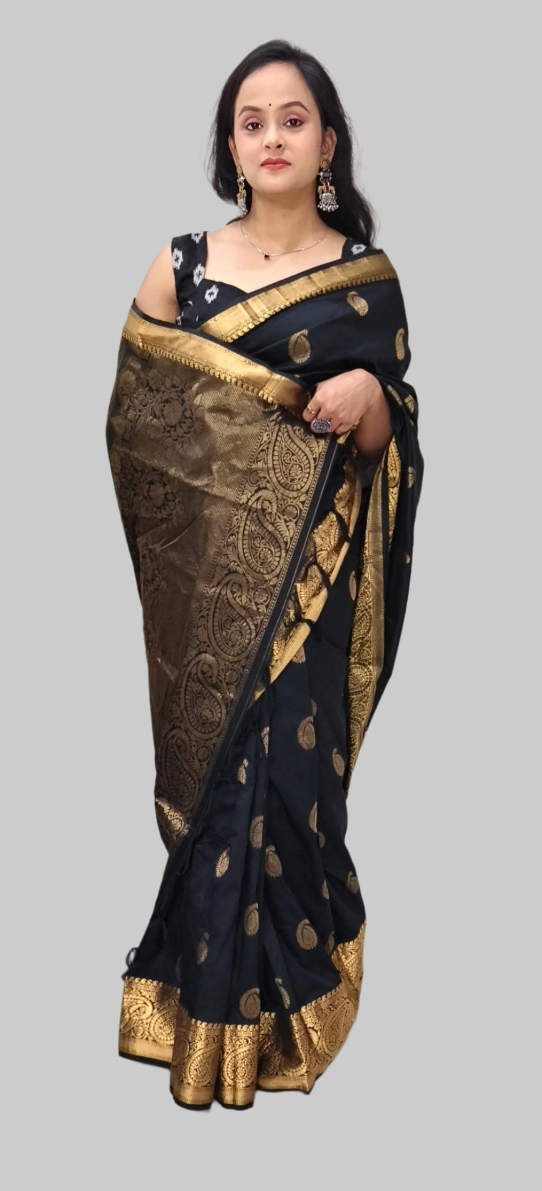 Black with Gold Print Silk Saree with Intricate Zari Work