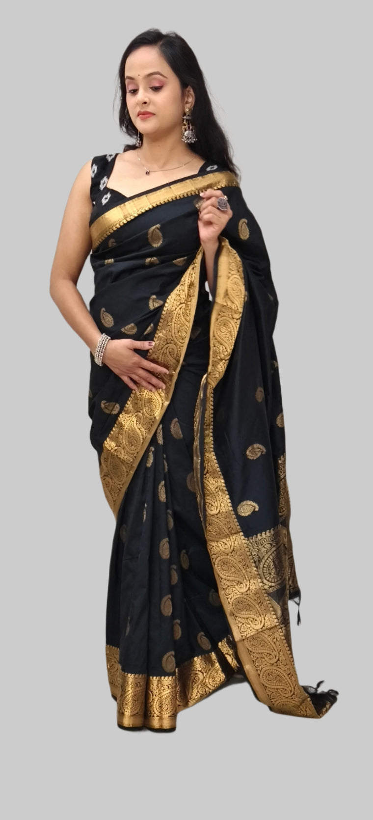 Black with Gold Print Silk Saree with Intricate Zari Work