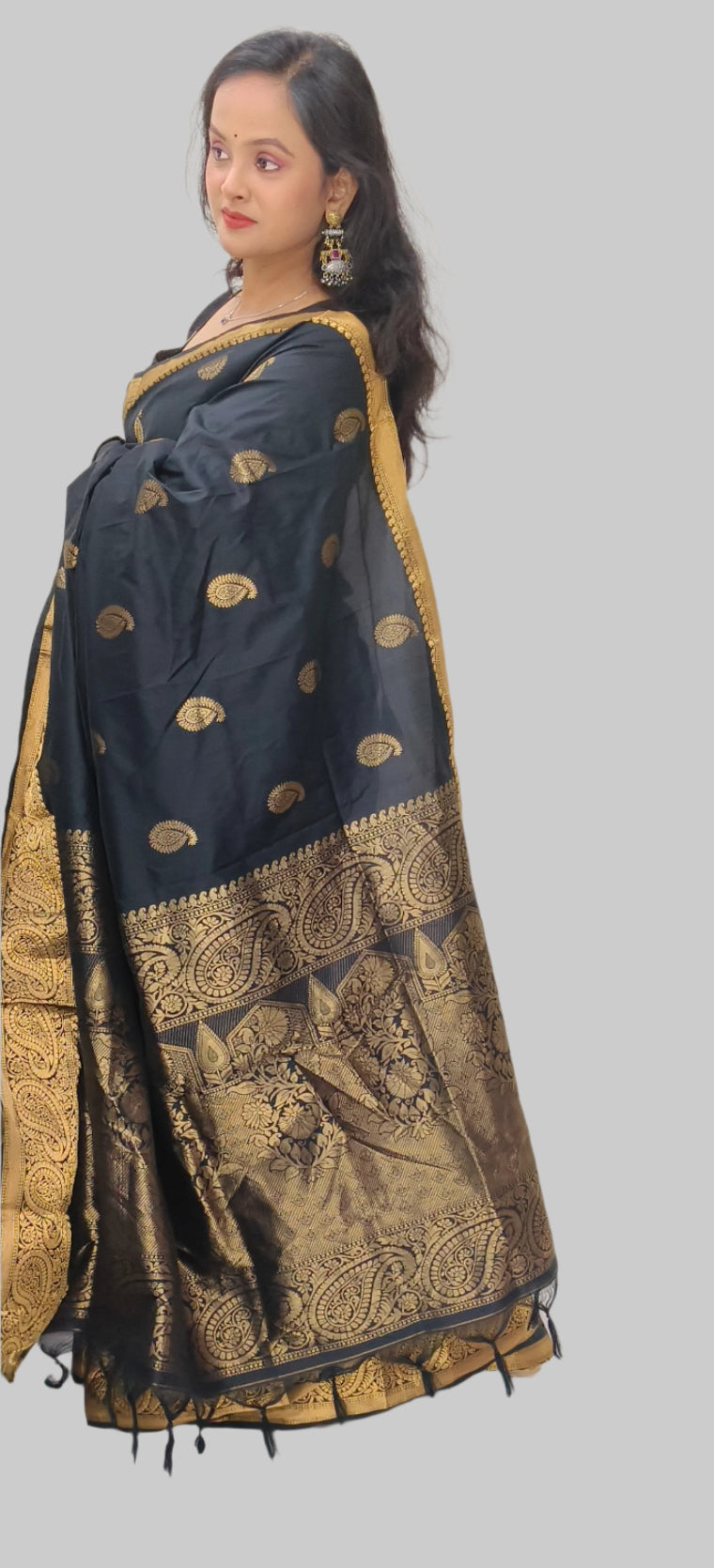 Black with Gold Print Silk Saree with Intricate Zari Work