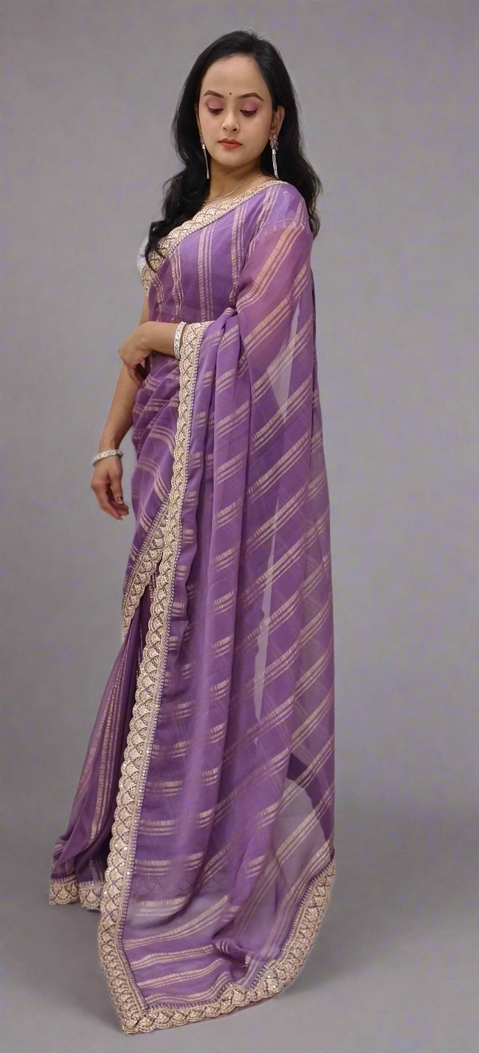 Elegant Chiffon Sari with Lace Borders and Golden Prints