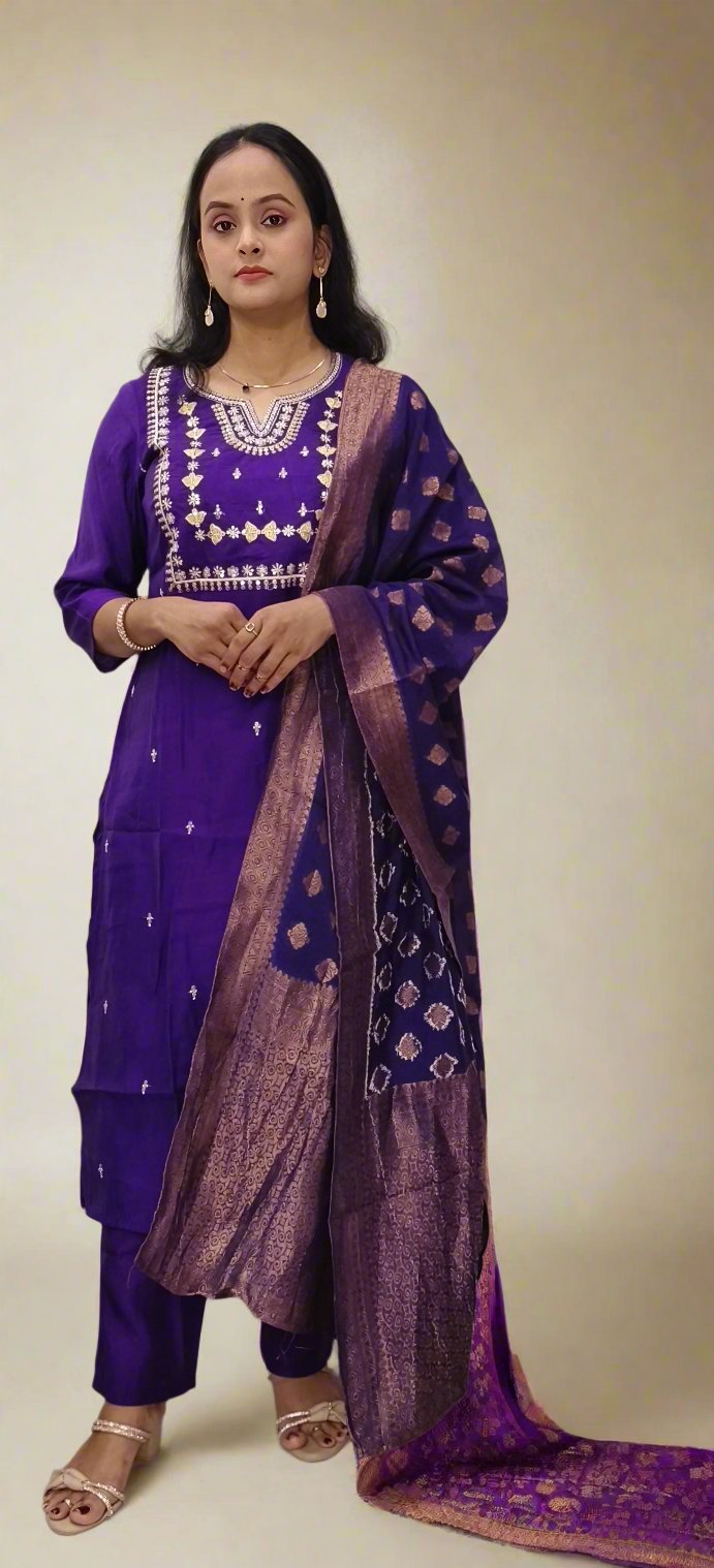 Purple Cotton Blend Straight Kurta Pant Set with Embroidered Dupatta