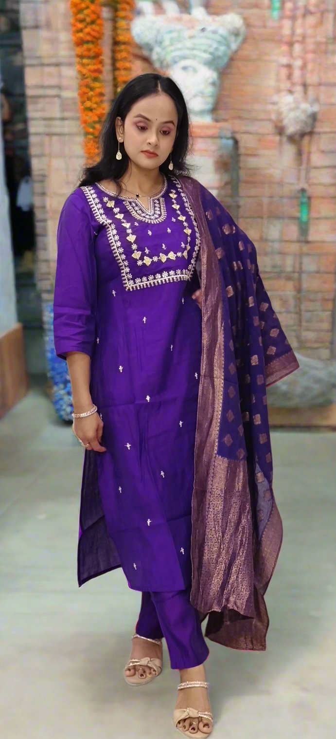 Purple Cotton Blend Straight Kurta Pant Set with Embroidered Dupatta