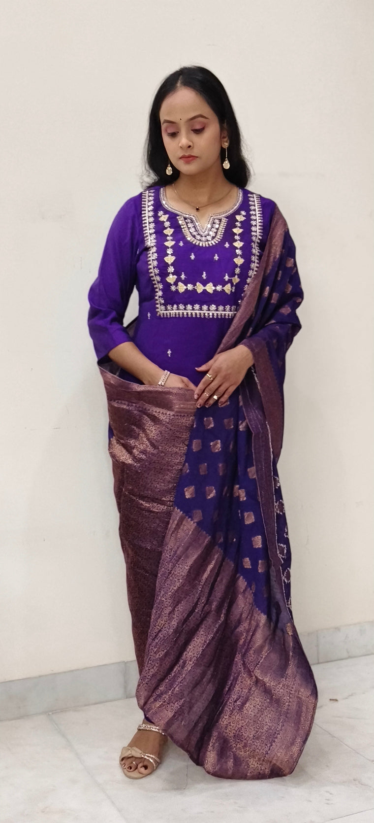 Purple Cotton Blend Straight Kurta Pant Set with Embroidered Dupatta