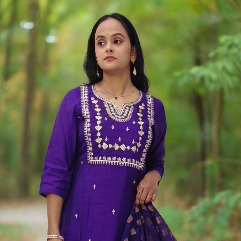 Purple Cotton Blend Straight Kurta Pant Set with Embroidered Dupatta