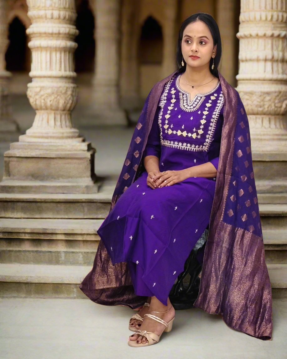 Purple Cotton Blend Straight Kurta Pant Set with Embroidered Dupatta