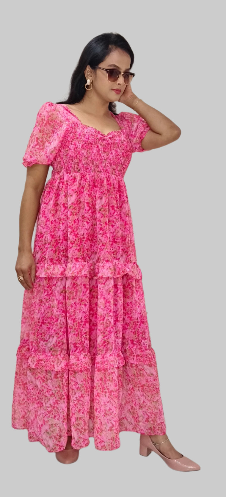 Pink Floral Smocked Maxi Dress with Puff Sleeves