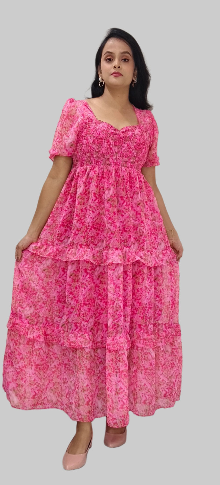 Pink Floral Smocked Maxi Dress with Puff Sleeves