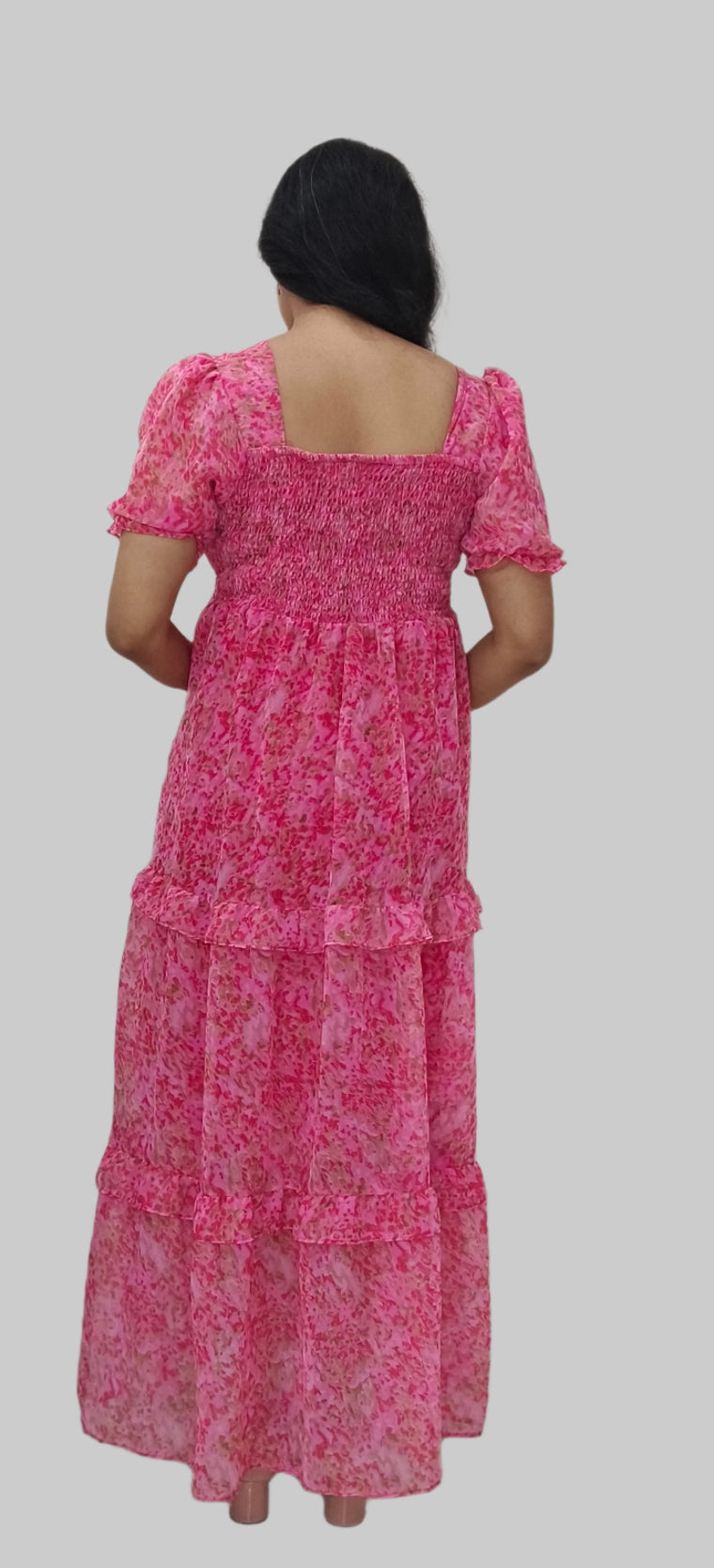 Pink Floral Smocked Maxi Dress with Puff Sleeves