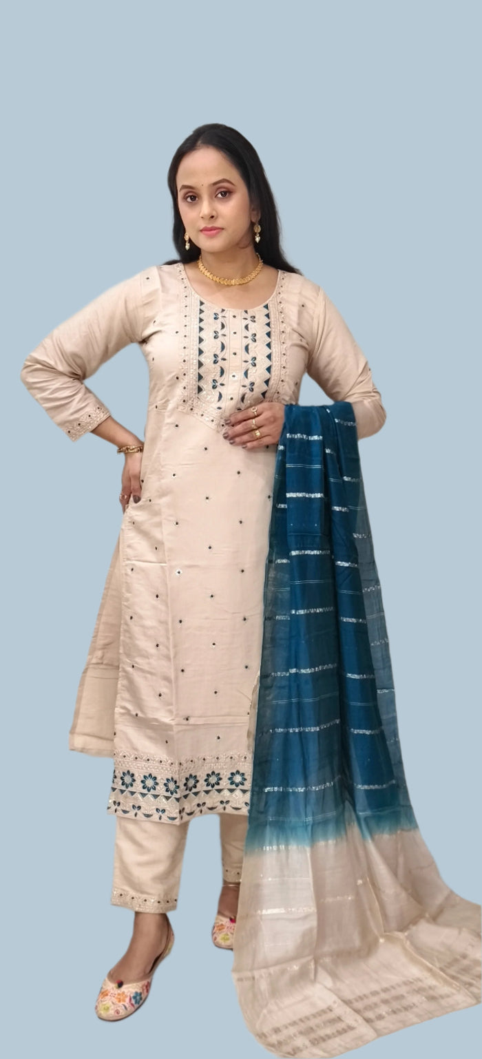 Beige Cotton Embroidered Suit Salwaar