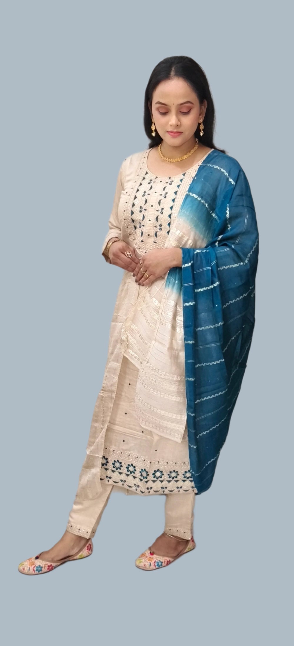 Beige Cotton Embroidered Suit Salwaar
