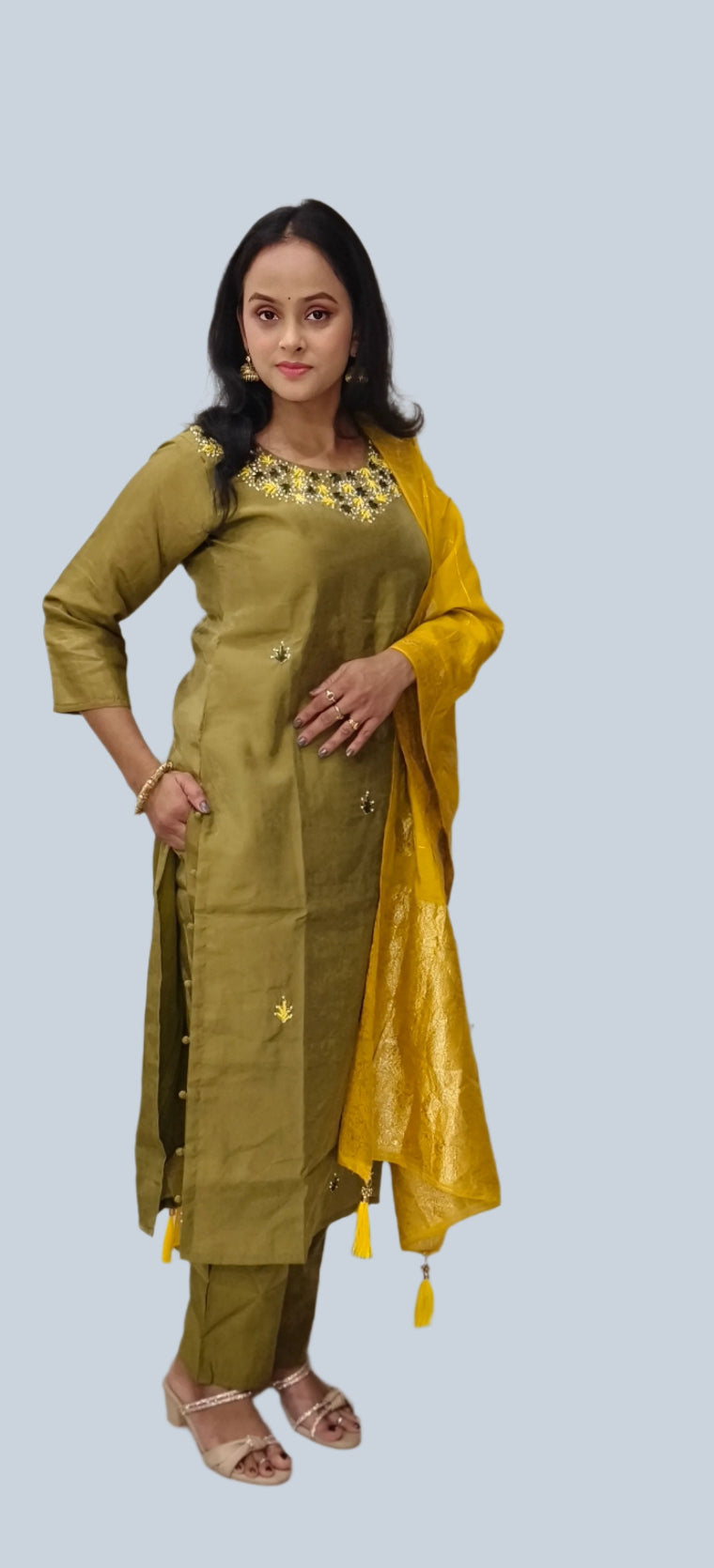 Olive Green Salwar Kameez with Mustard Yellow Dupatta