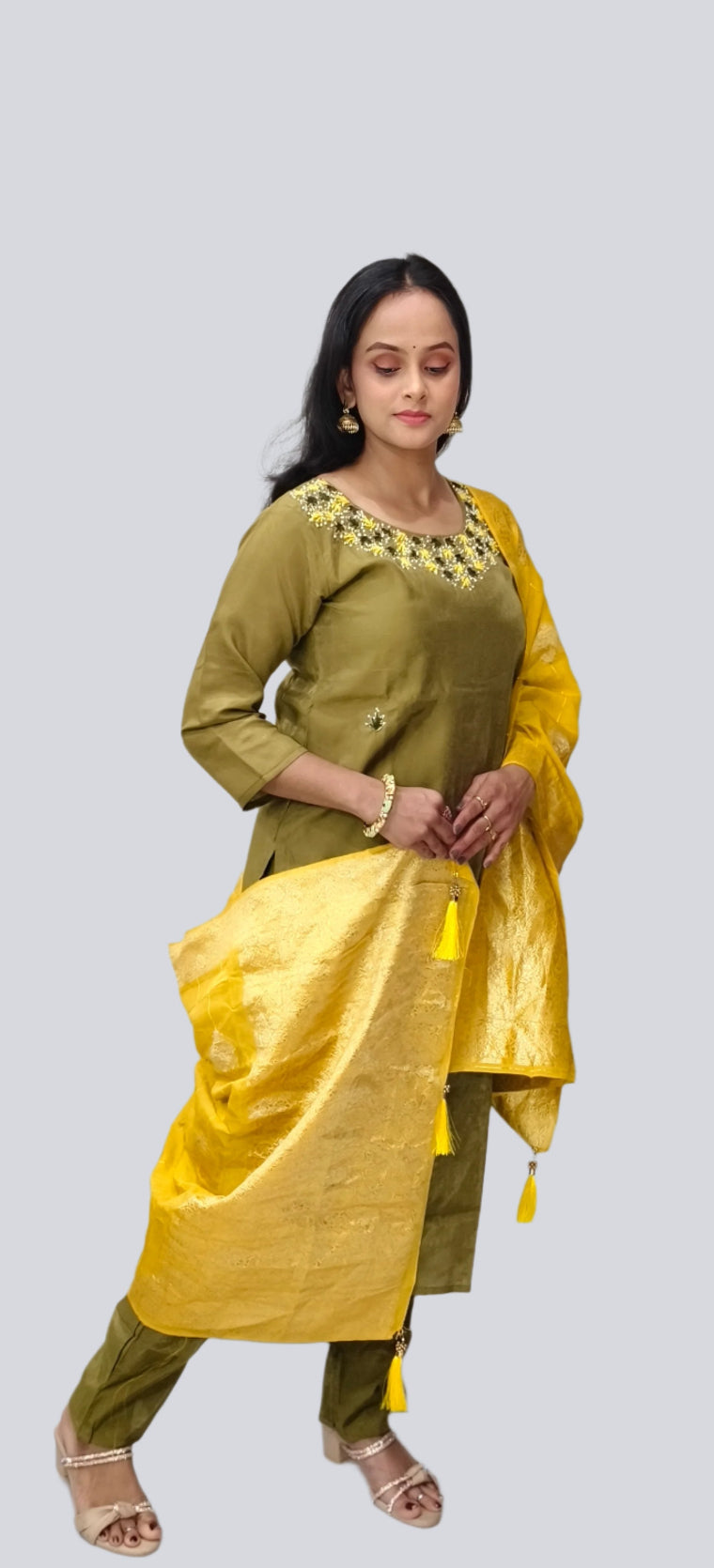Olive Green Salwar Kameez with Mustard Yellow Dupatta
